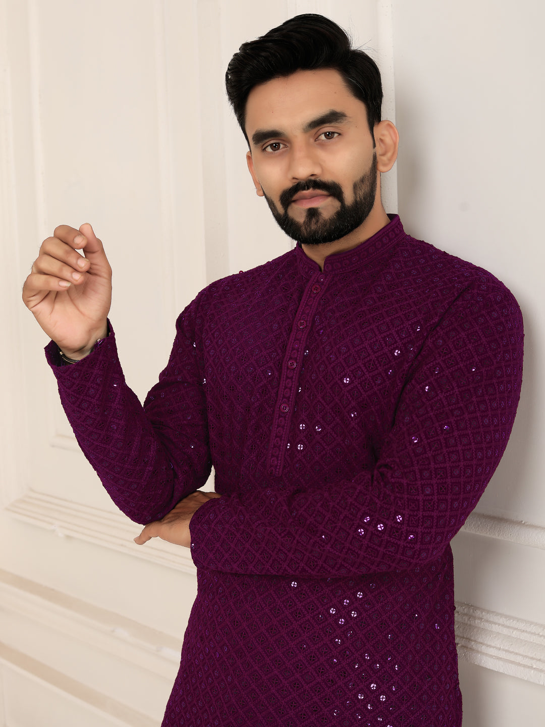 Men's Wine Red Heavy Embroidered Lakhnavi Kurta