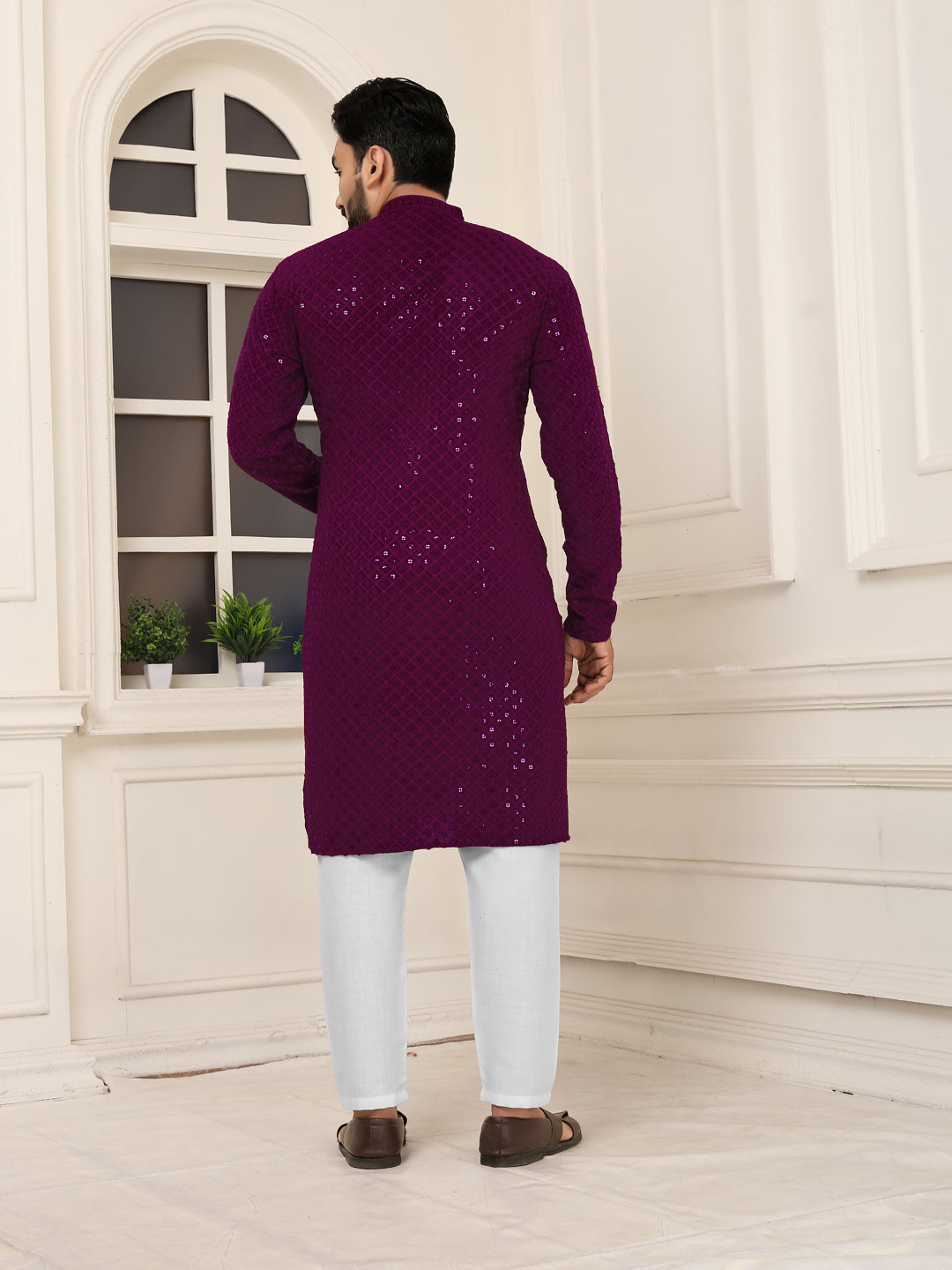 Men's Wine Red Heavy Embroidered Lakhnavi Kurta