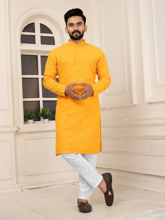 Men's Yellow Embroidered Lakhnavi Kurta