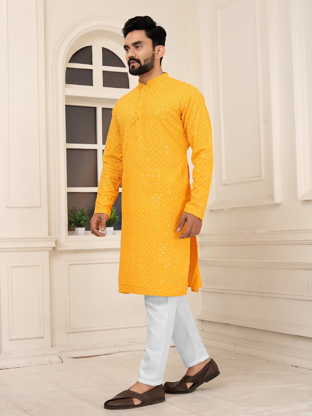 Men's Yellow Embroidered Lakhnavi Kurta