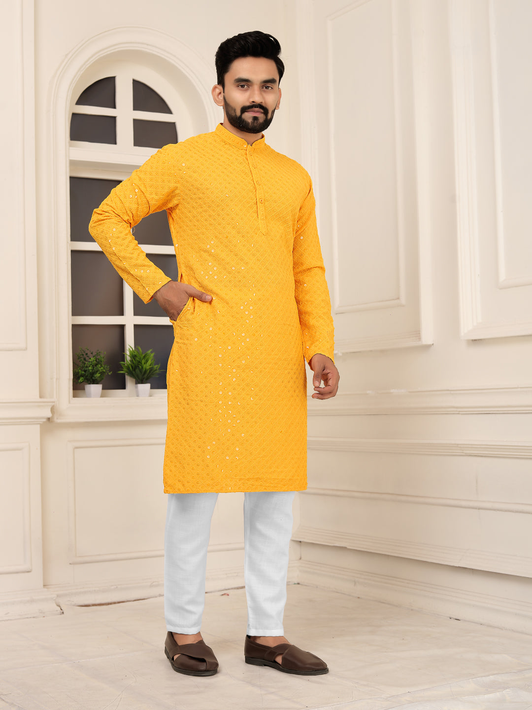 Men's Yellow Embroidered Lakhnavi Kurta