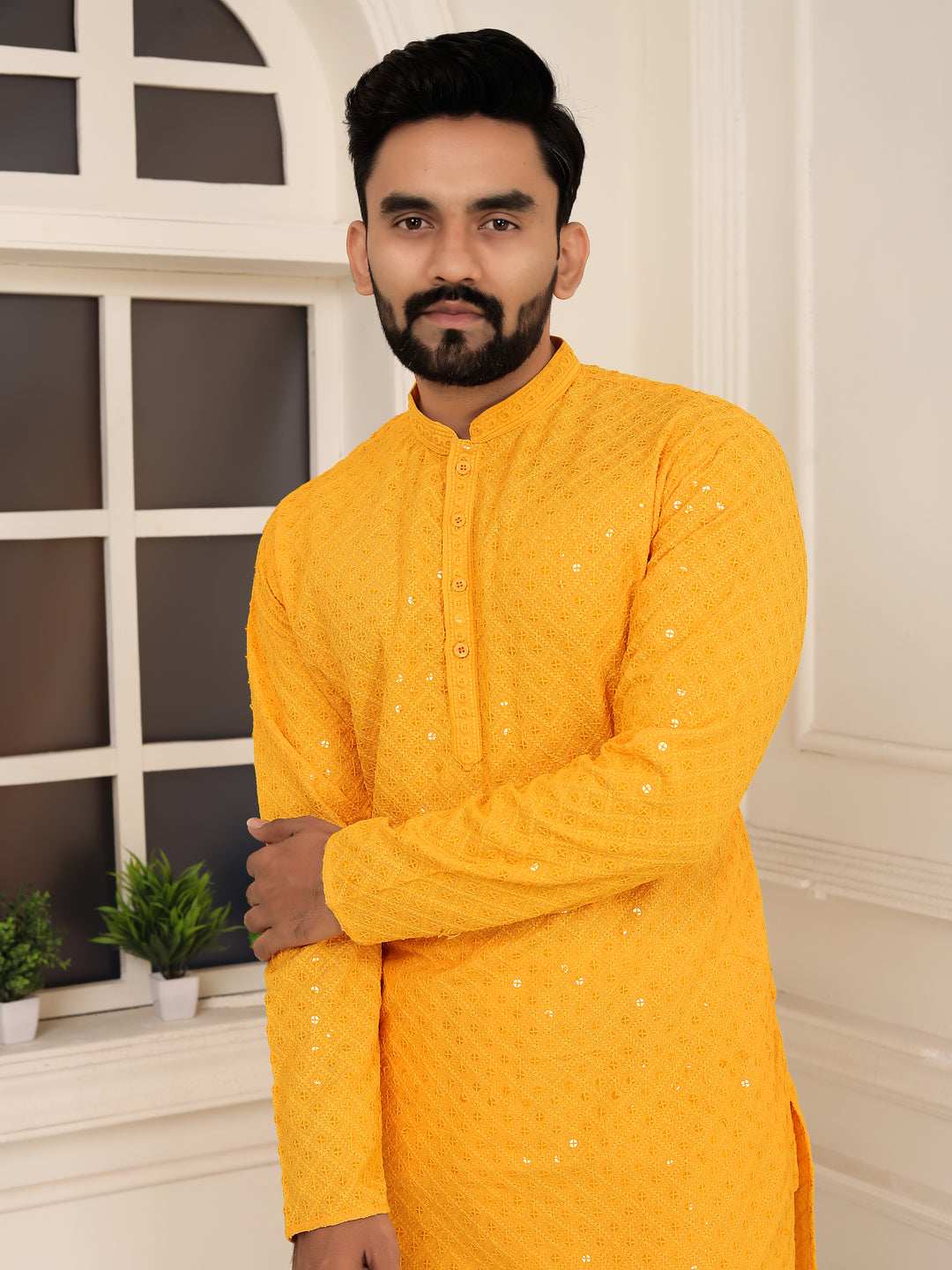 Men's Yellow Embroidered Lakhnavi Kurta