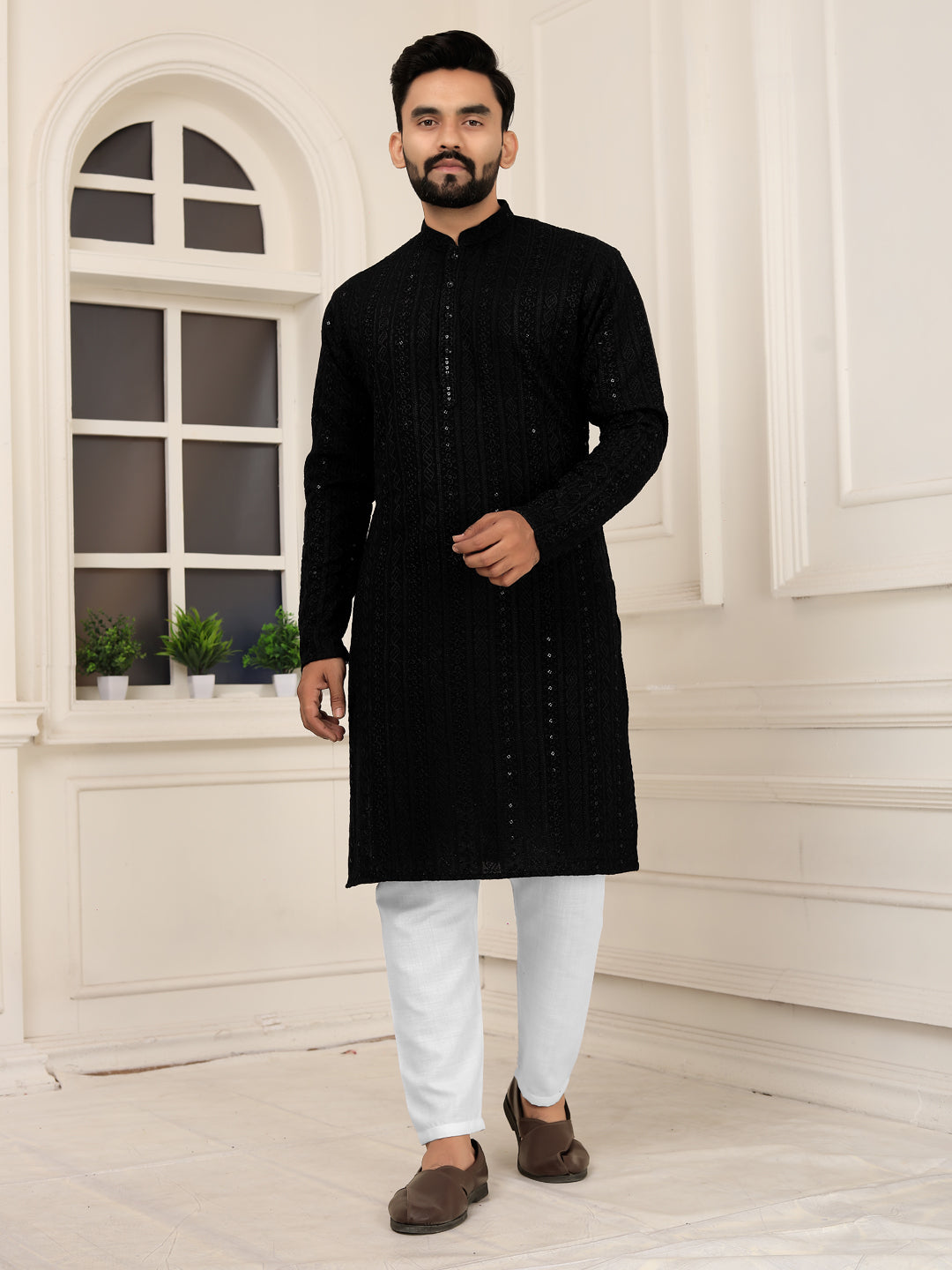 Men's Black Lakhnavi Kurta with Heavy Embroidery