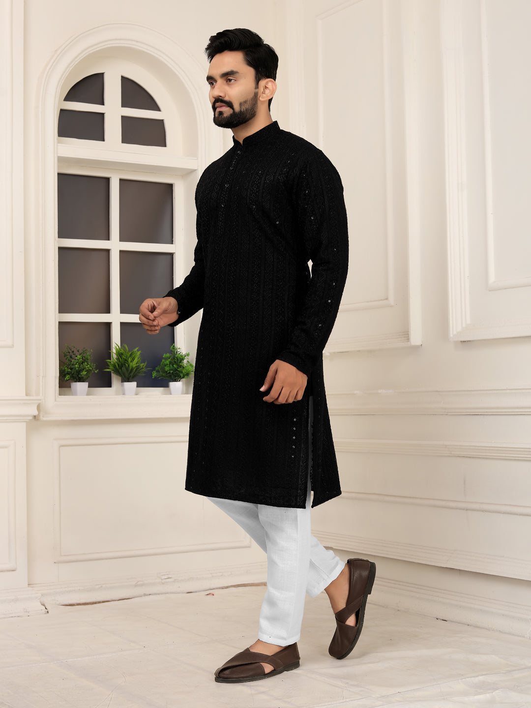 Men's Black Lakhnavi Kurta with Heavy Embroidery