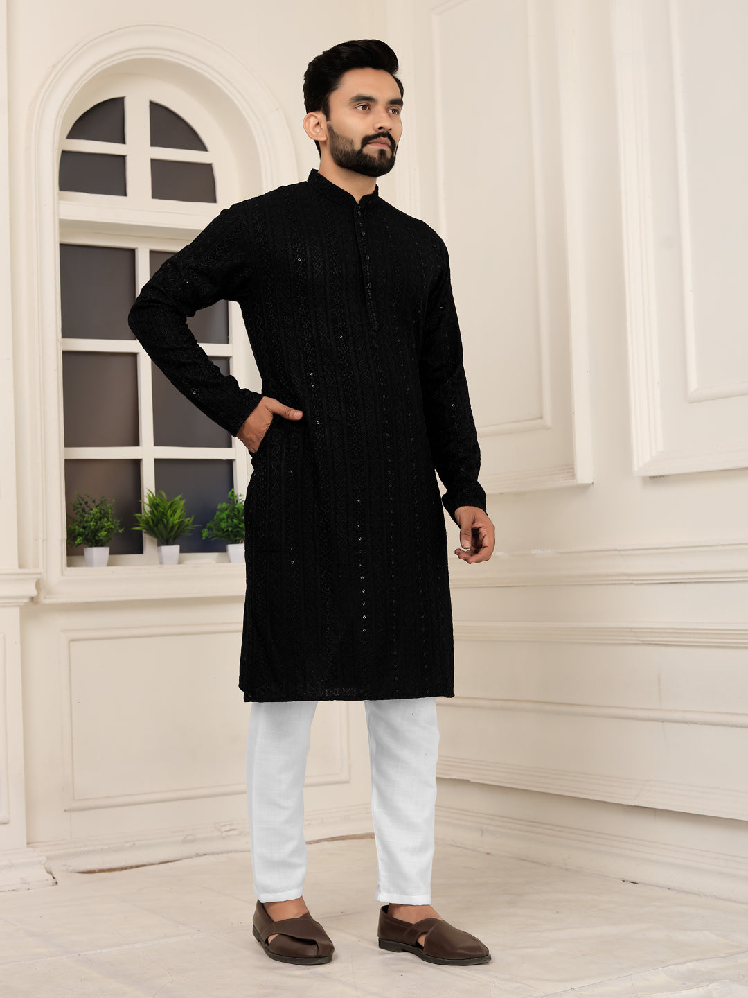 Men's Black Lakhnavi Kurta with Heavy Embroidery