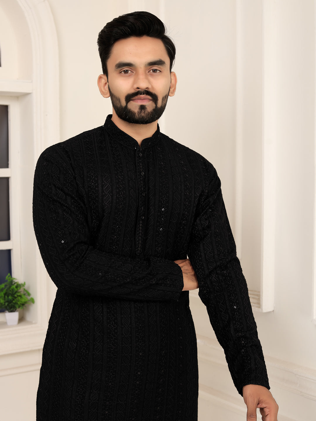 Men's Black Lakhnavi Kurta with Heavy Embroidery