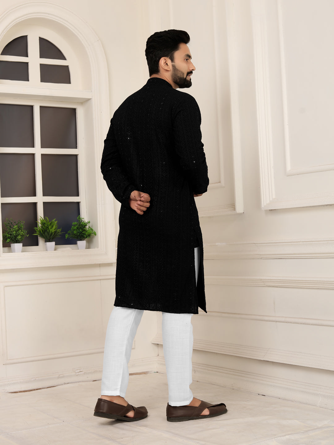 Men's Black Lakhnavi Kurta with Heavy Embroidery