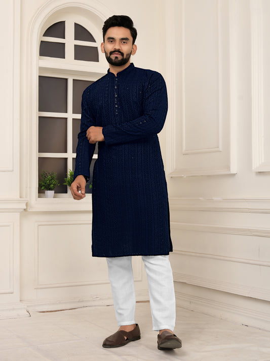 Men's Blue Heavy Embroidery Lakhnavi Kurta