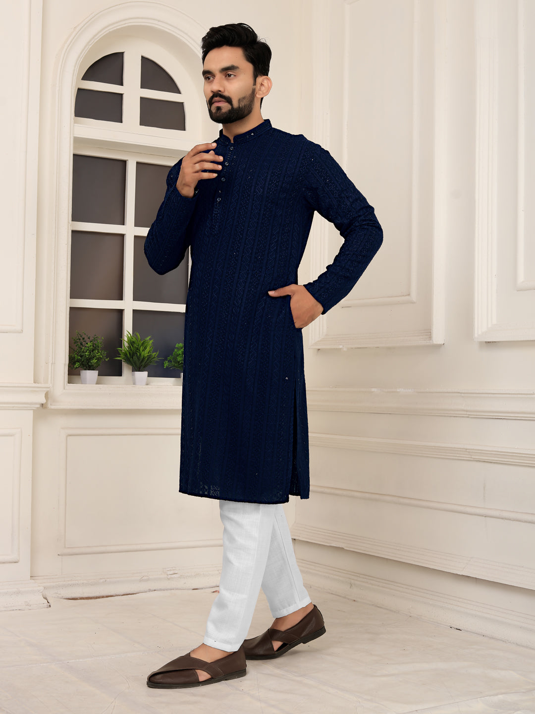 Men's Blue Heavy Embroidery Lakhnavi Kurta