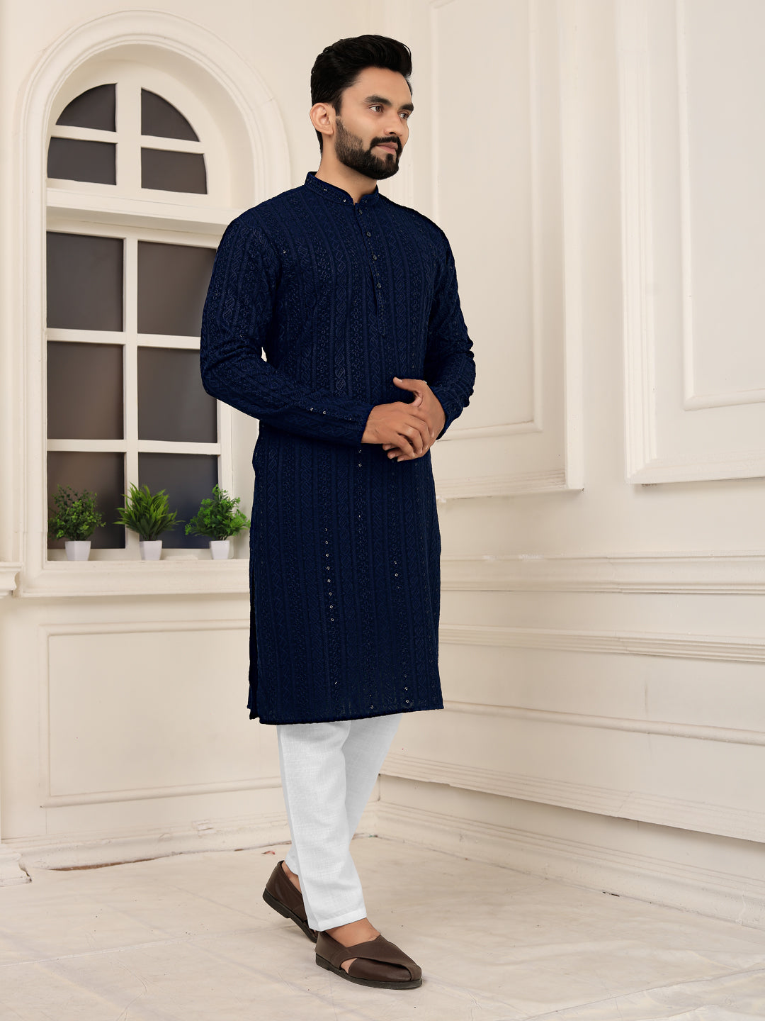 Men's Blue Heavy Embroidery Lakhnavi Kurta