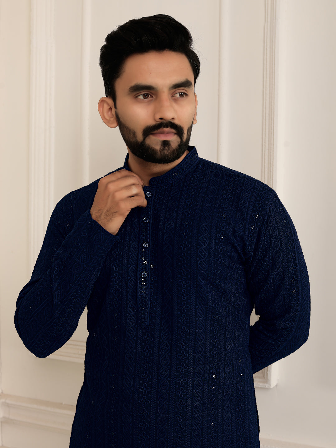 Men's Blue Heavy Embroidery Lakhnavi Kurta