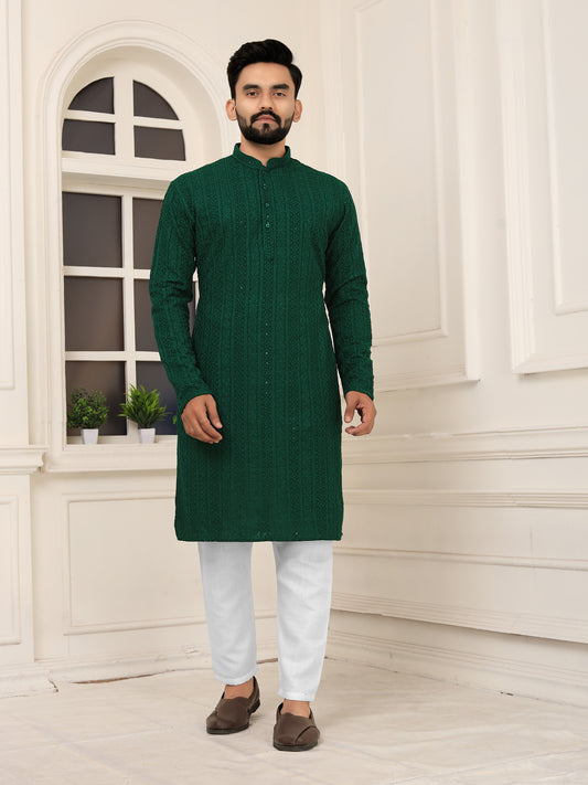 Men's Green Embroidered Lakhnavi Kurta