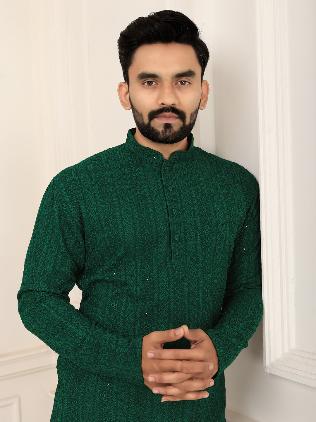 Men's Green Embroidered Lakhnavi Kurta