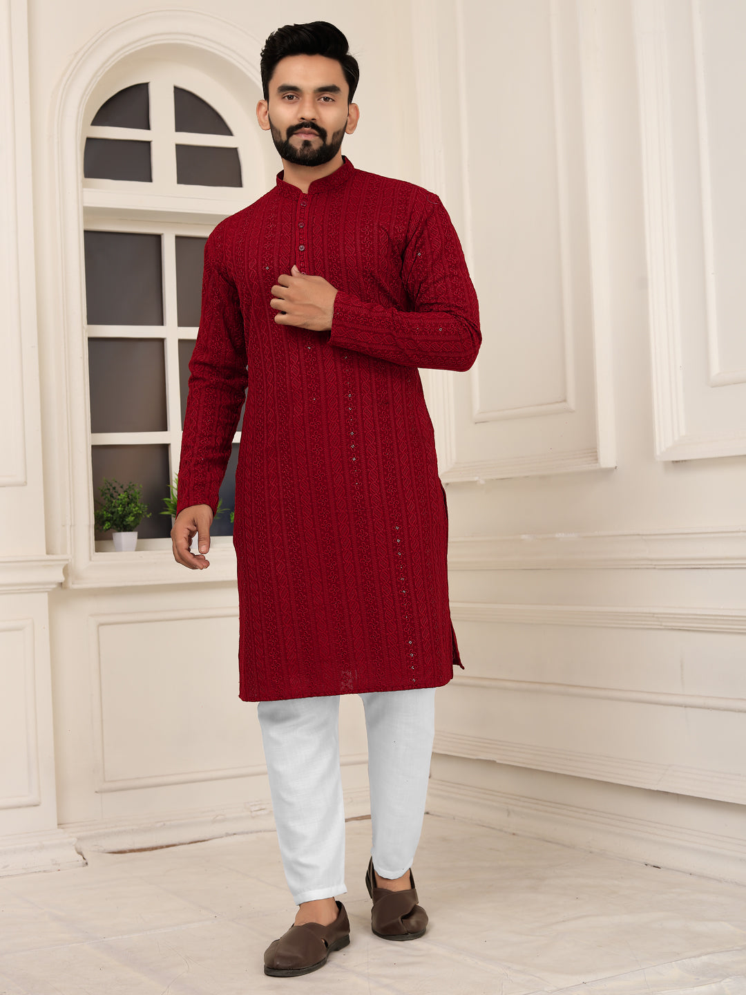 Men's Maroon Lakhnavi Kurta with Heavy Embroidery Work