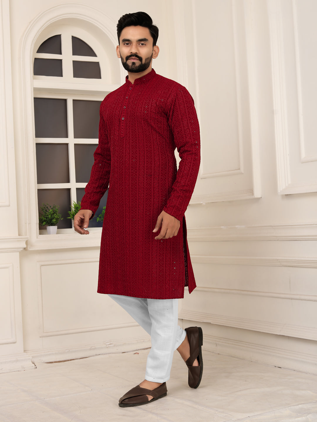 Men's Maroon Lakhnavi Kurta with Heavy Embroidery Work