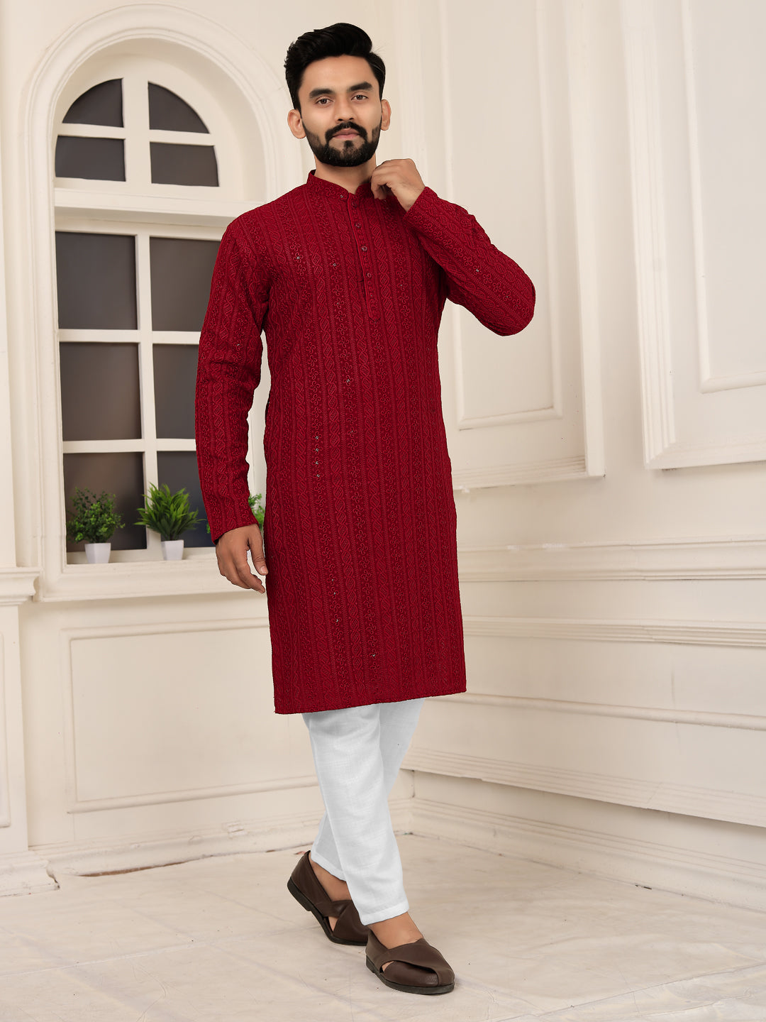 Men's Maroon Lakhnavi Kurta with Heavy Embroidery Work