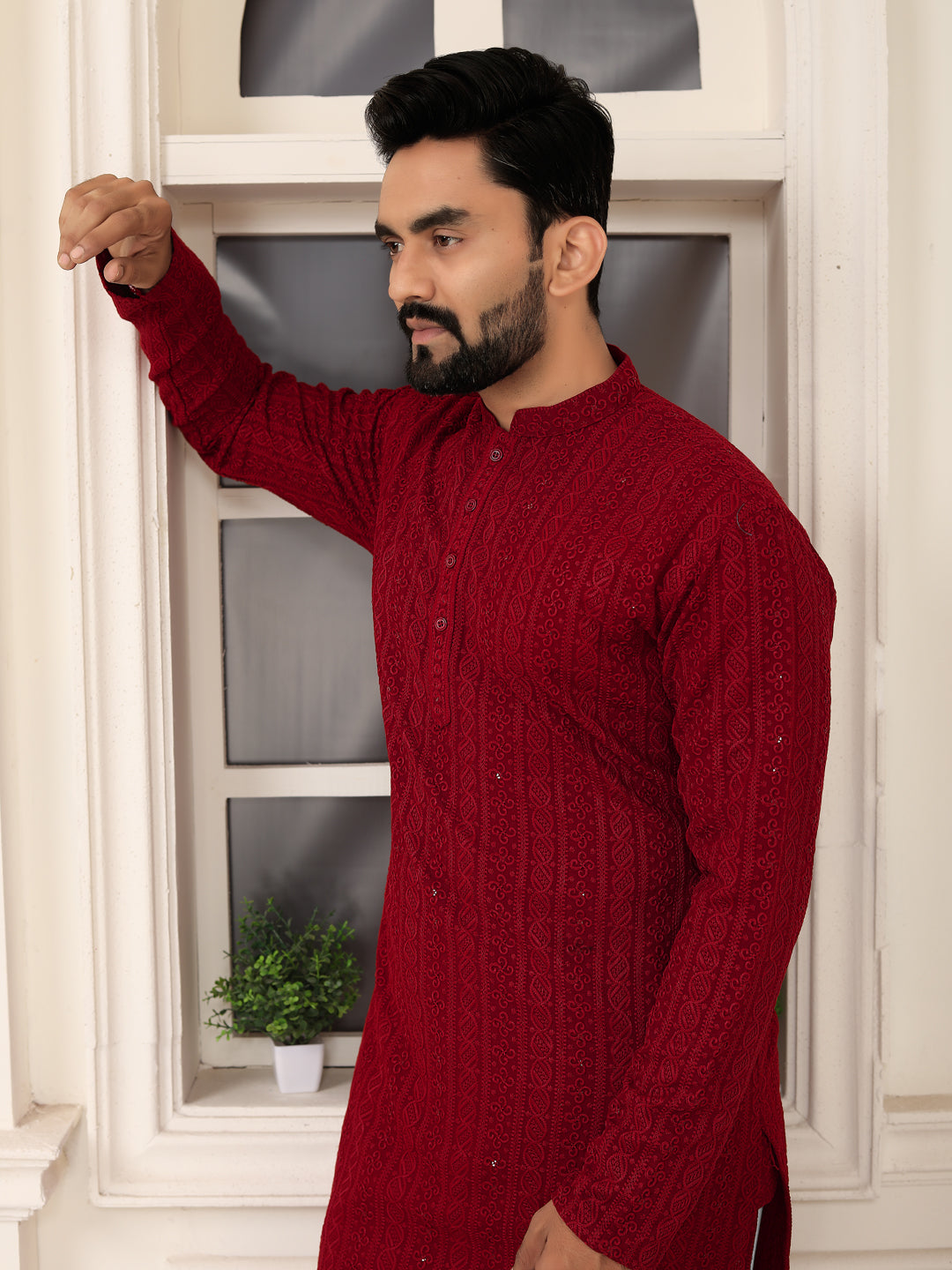 Men's Maroon Lakhnavi Kurta with Heavy Embroidery Work