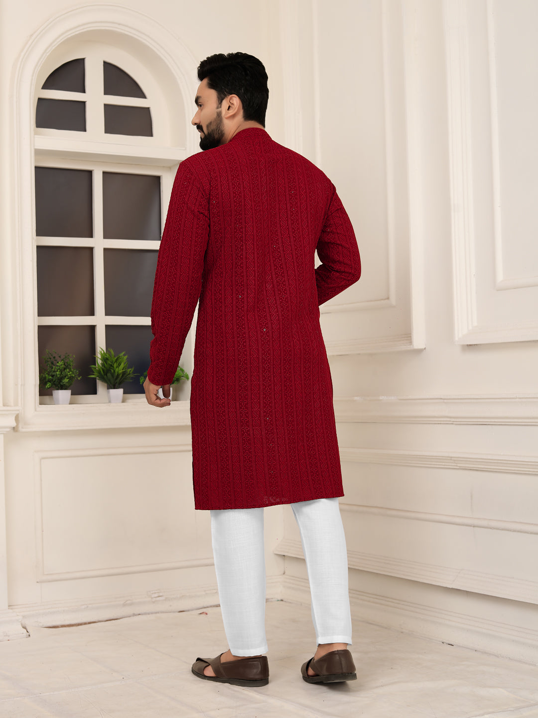 Men's Maroon Lakhnavi Kurta with Heavy Embroidery Work