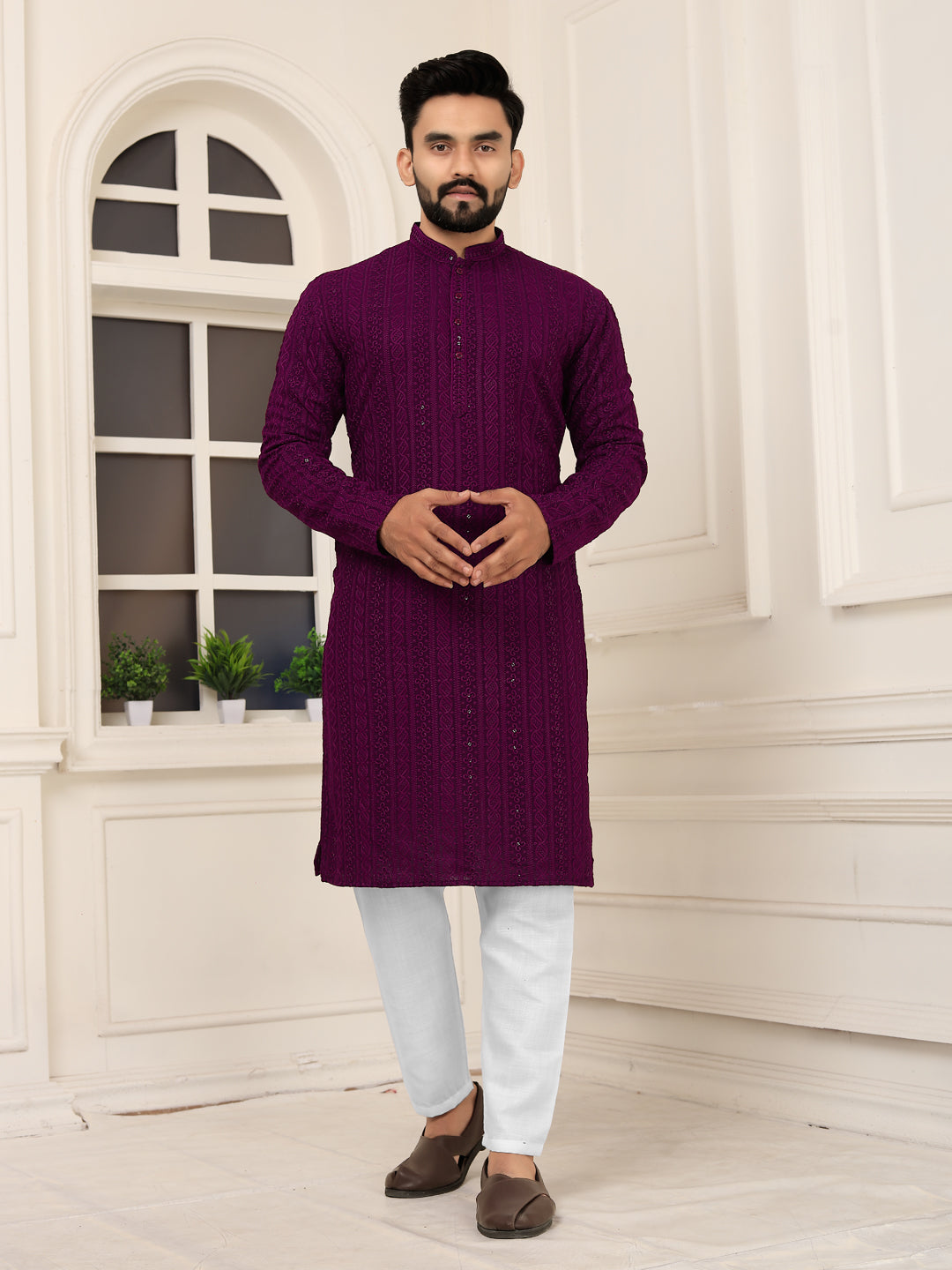 Men's Wine Heavy Embroidered Lakhnavi Kurta