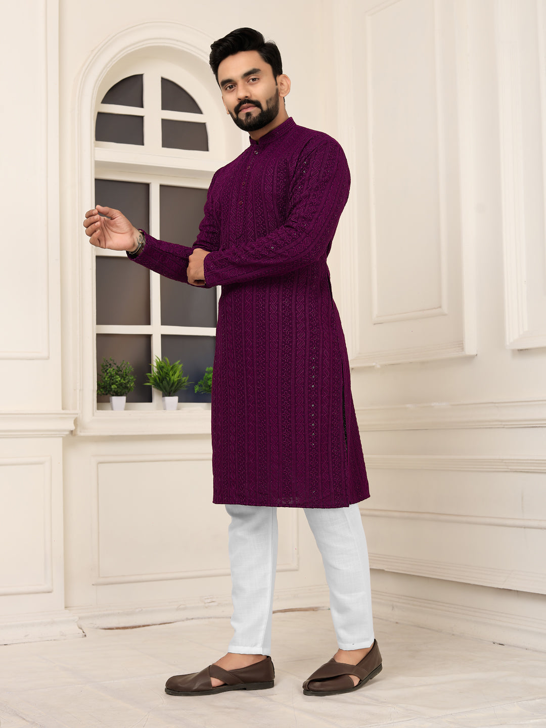 Men's Wine Heavy Embroidered Lakhnavi Kurta