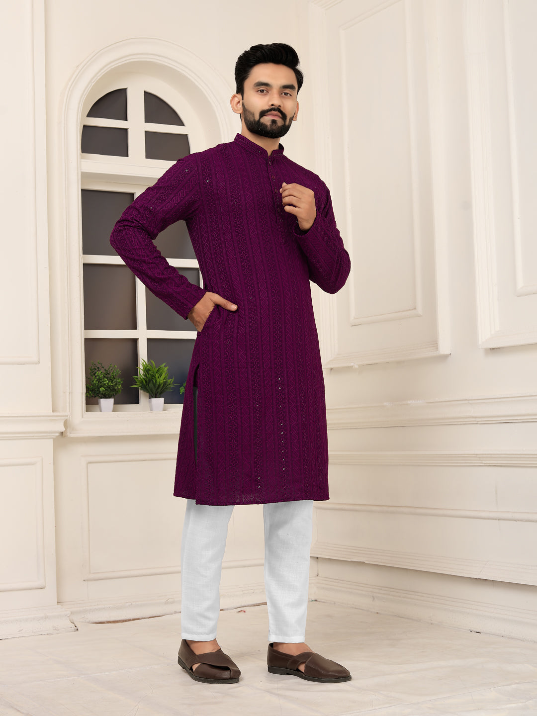 Men's Wine Heavy Embroidered Lakhnavi Kurta