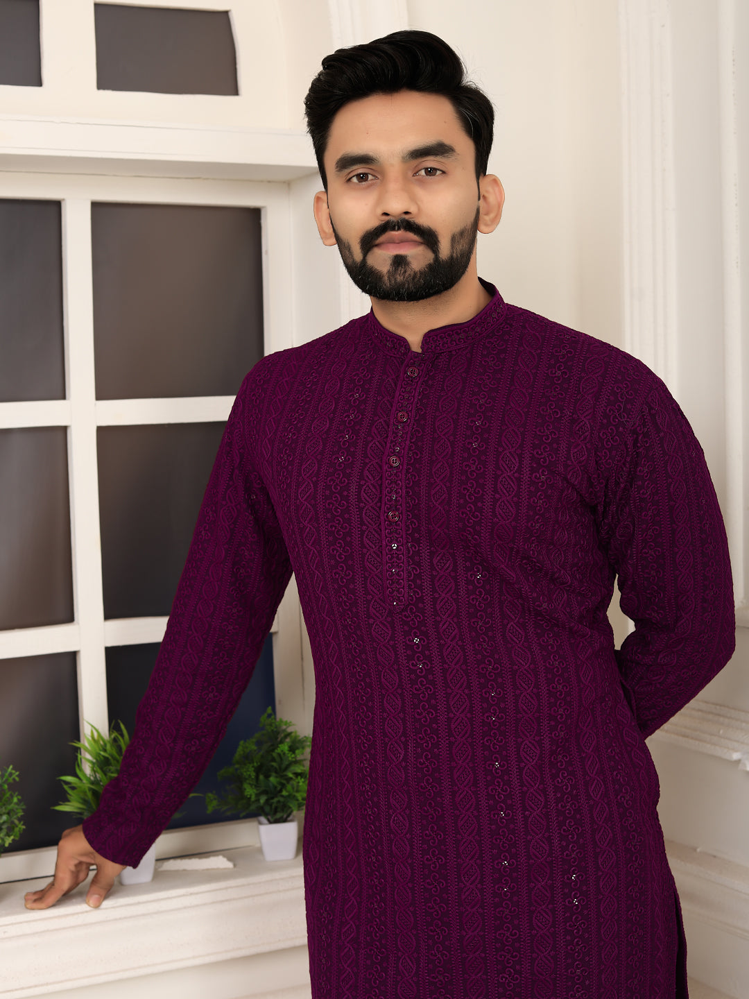 Men's Wine Heavy Embroidered Lakhnavi Kurta