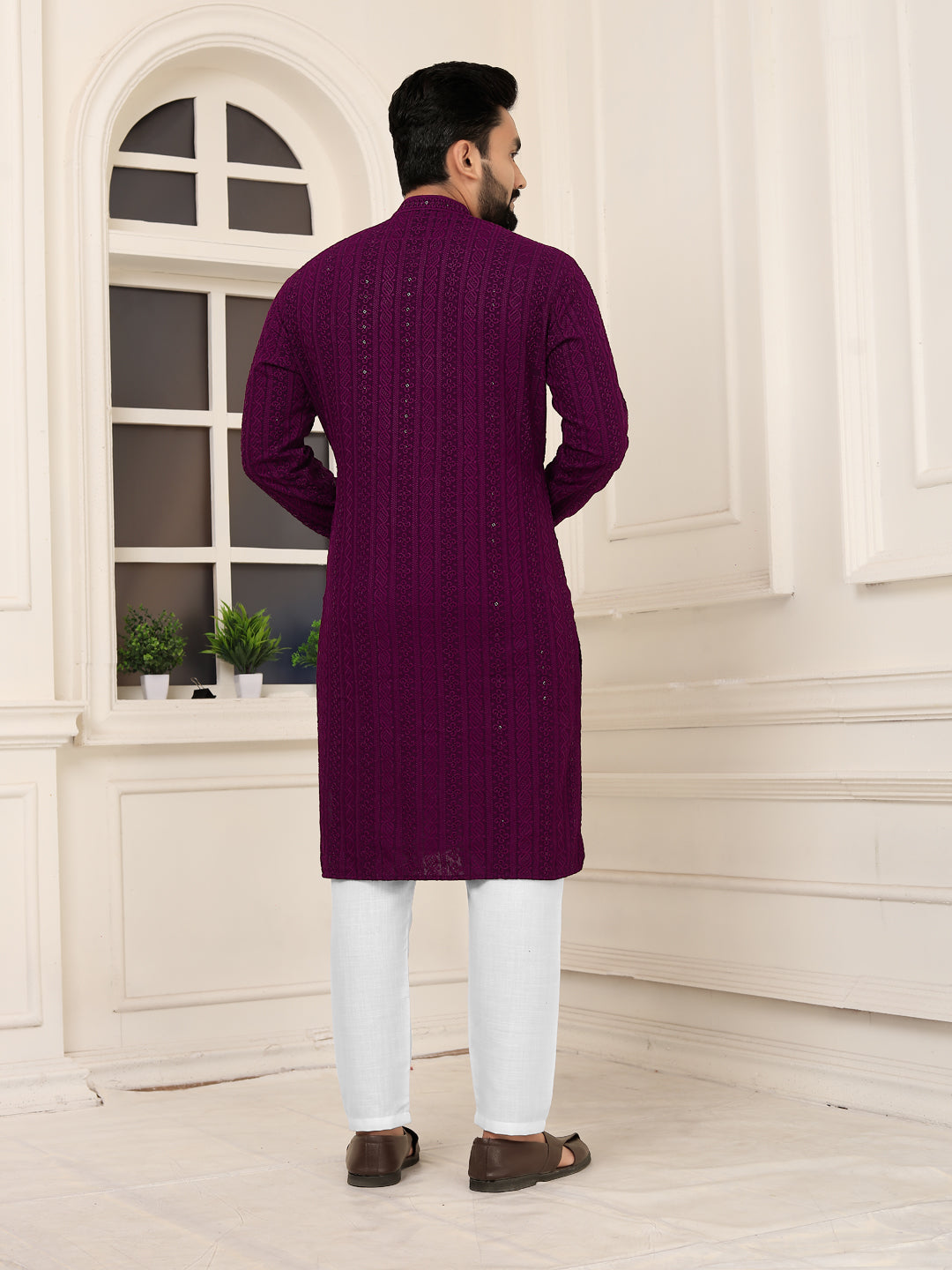 Men's Wine Heavy Embroidered Lakhnavi Kurta