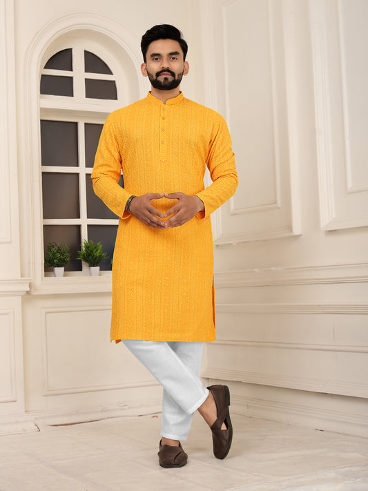 Men's Yellow Embroidered Lakhnavi Kurta