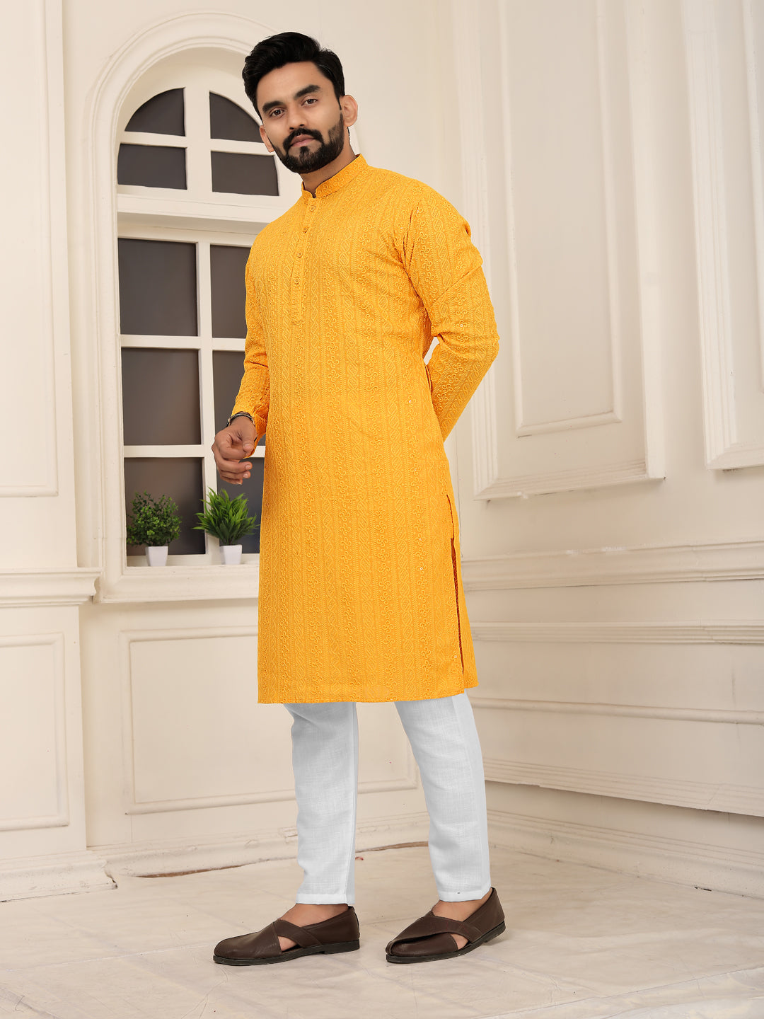 Men's Yellow Embroidered Lakhnavi Kurta