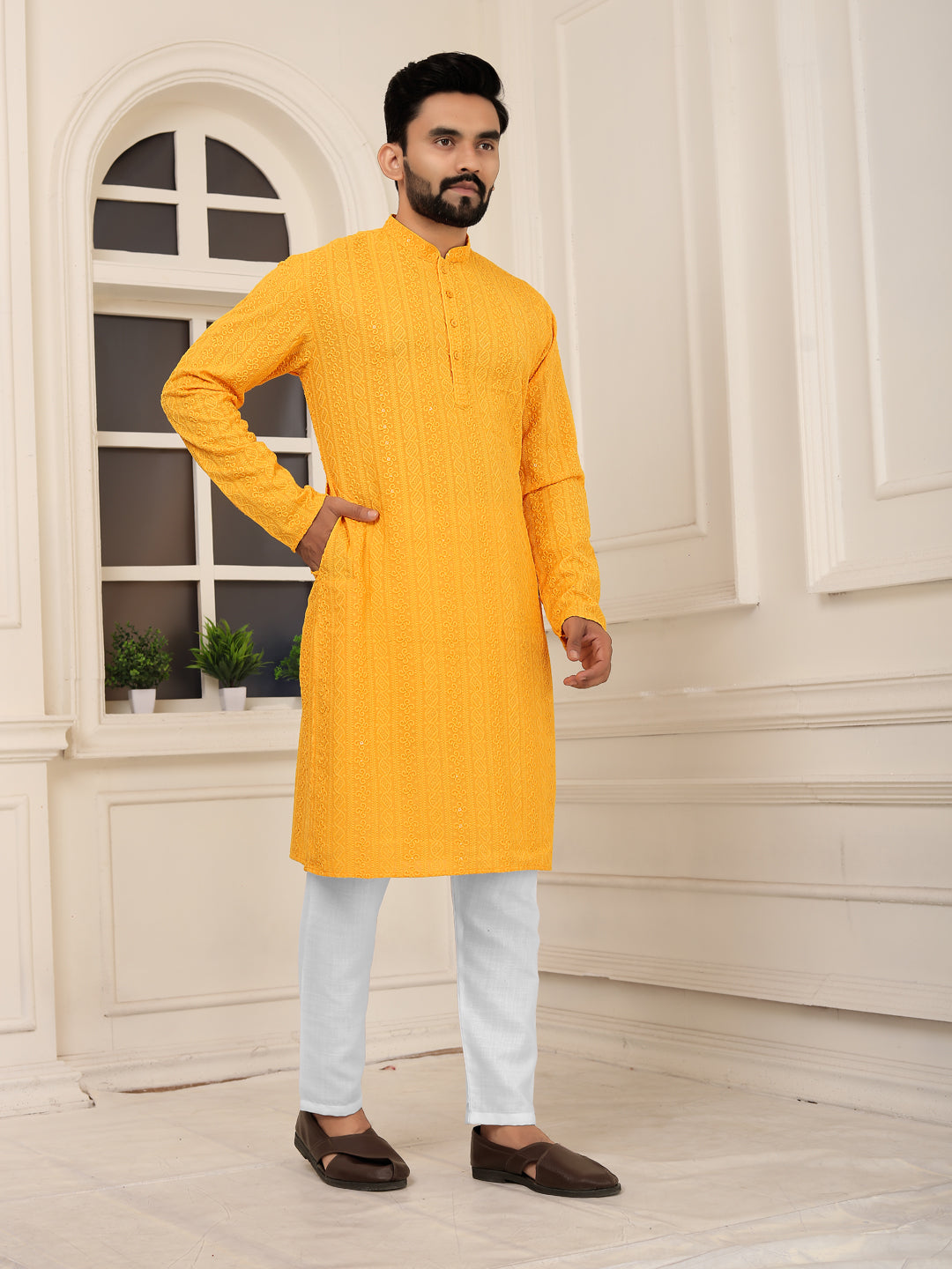 Men's Yellow Embroidered Lakhnavi Kurta