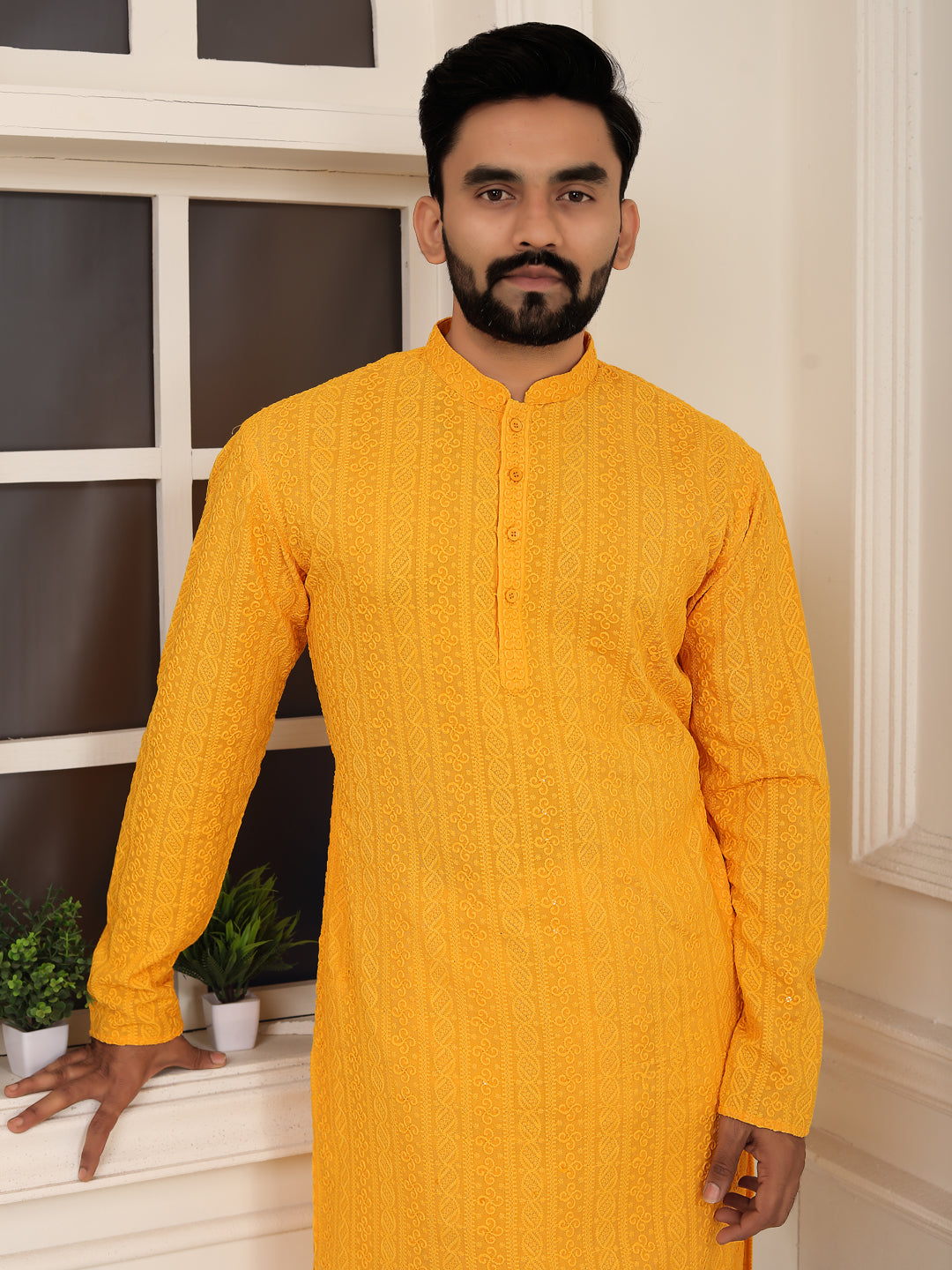 Men's Yellow Embroidered Lakhnavi Kurta