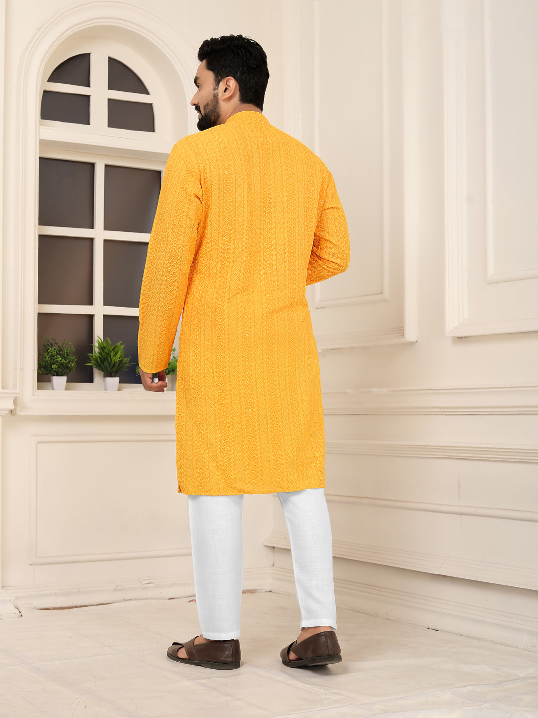 Men's Yellow Embroidered Lakhnavi Kurta