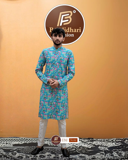 Bandidhari Fashion Blue Men's Printed Kurta