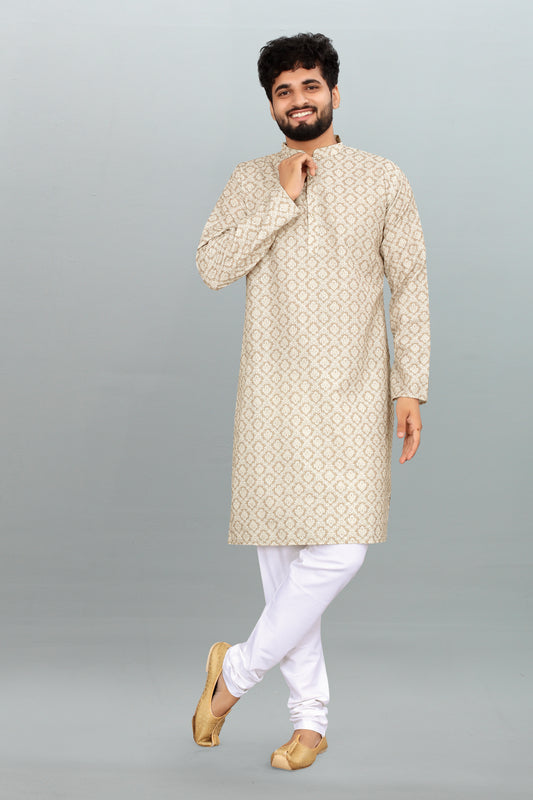 Men's Cream Printed And Cross Work Embroidered Kurta