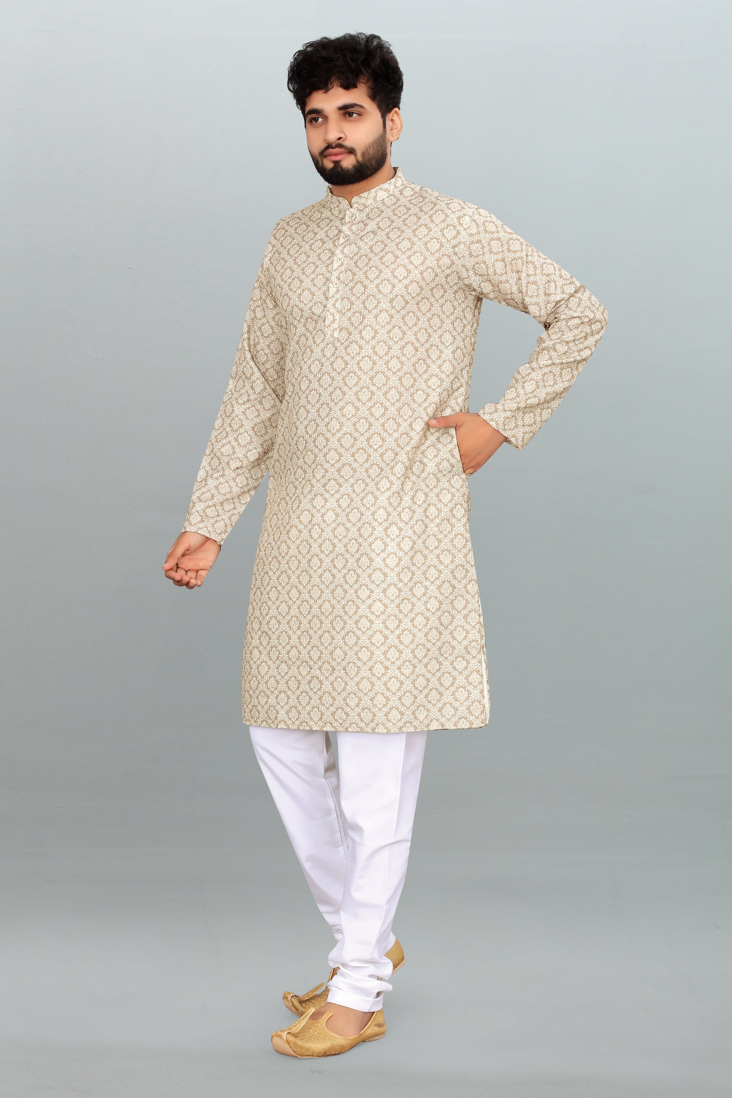 Men's Cream Printed And Cross Work Embroidered Kurta