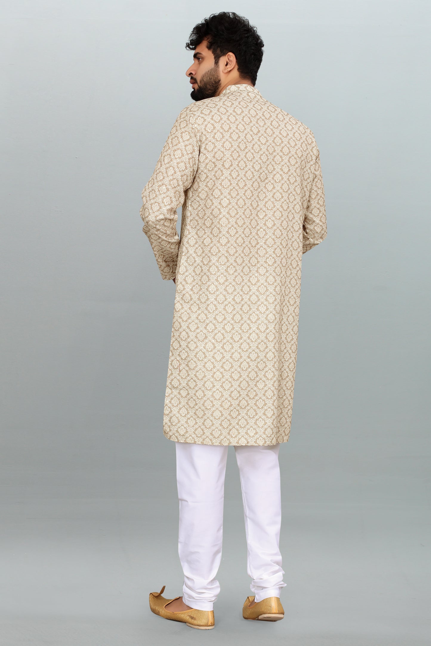 Men's Cream Printed And Cross Work Embroidered Kurta