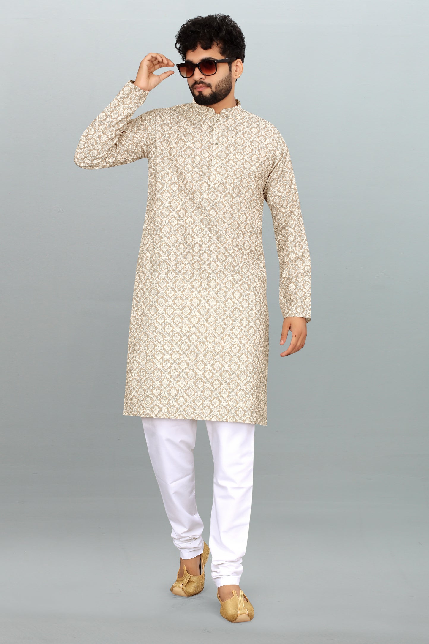 Men's Cream Printed And Cross Work Embroidered Kurta