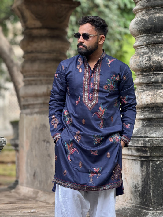 Bandidhari Fashion Present Designer Blue Kurta with Multi-Color Bird Design mens kurta