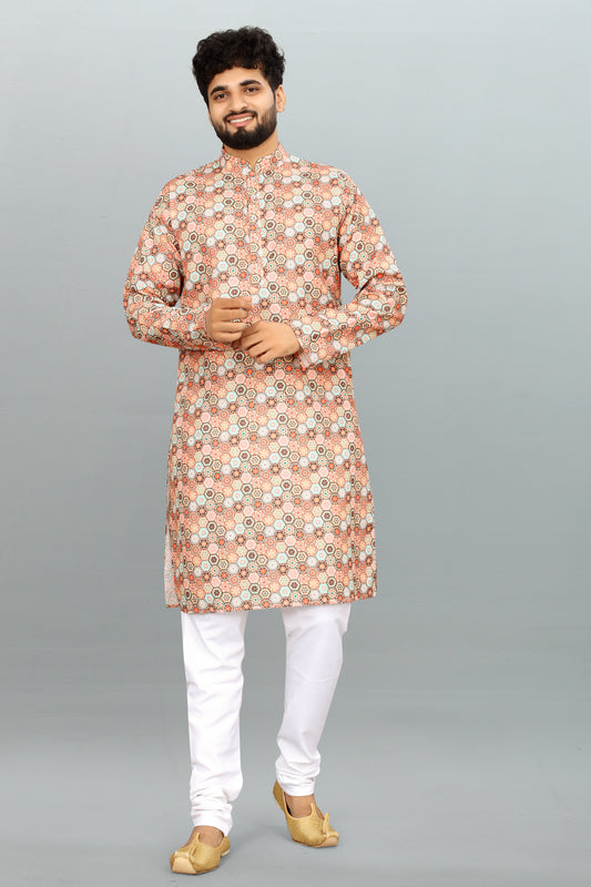 Men's Multicolor Printed And Cross Work Embroidered Kurta