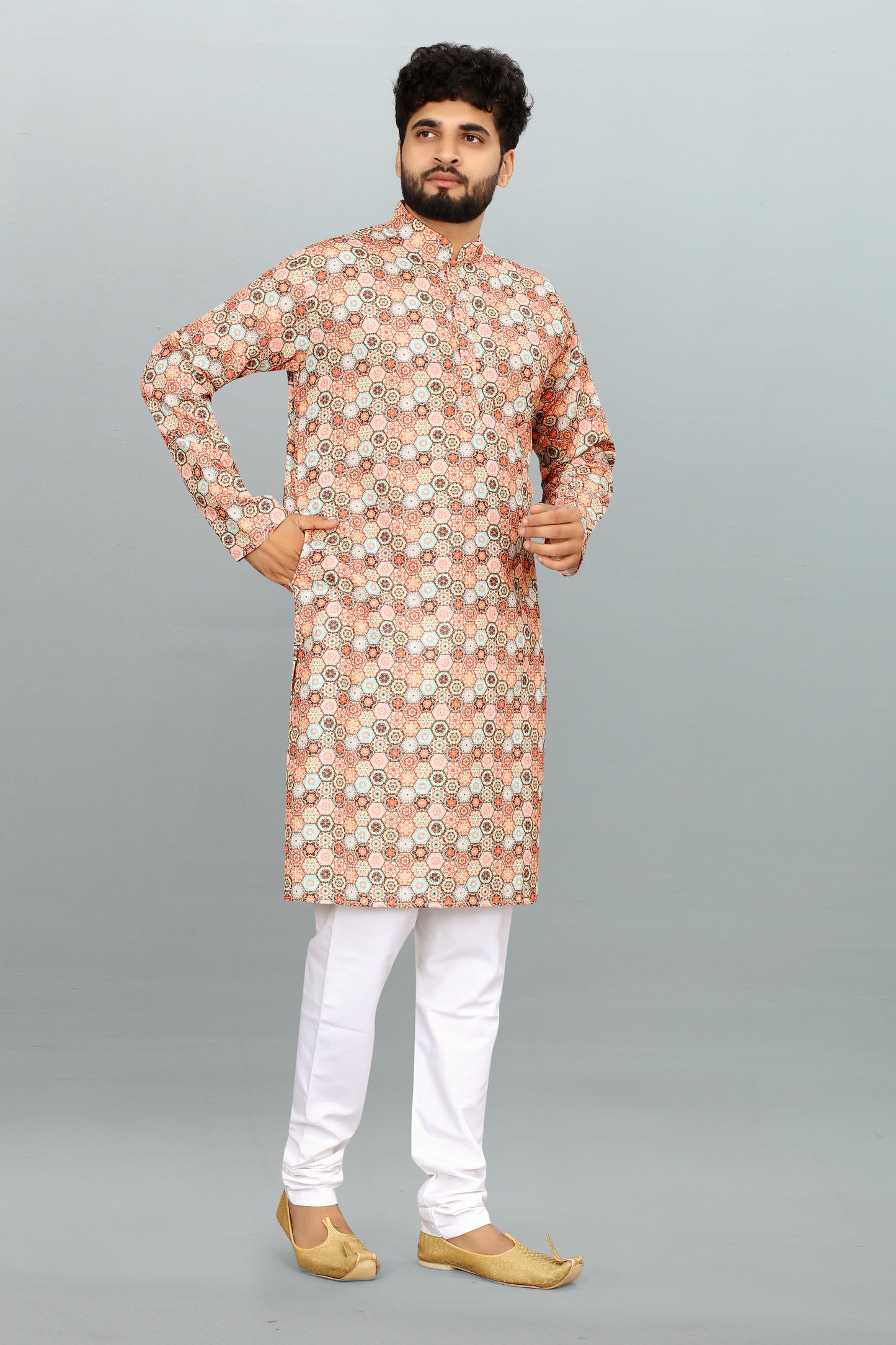 Men's Multicolor Printed And Cross Work Embroidered Kurta