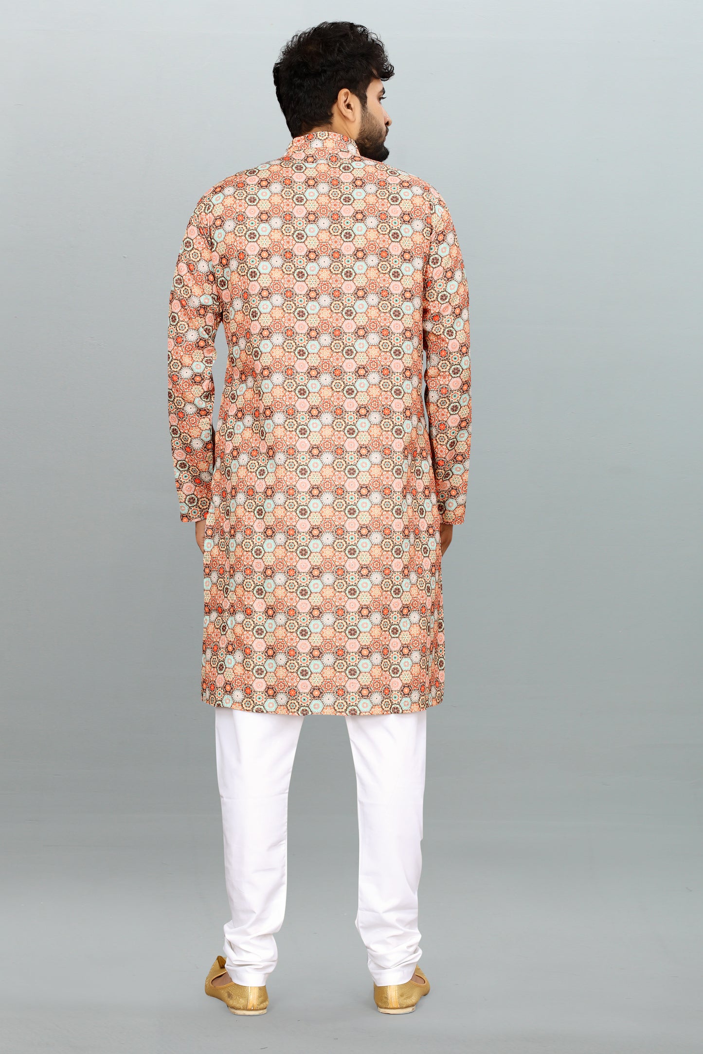 Men's Multicolor Printed And Cross Work Embroidered Kurta