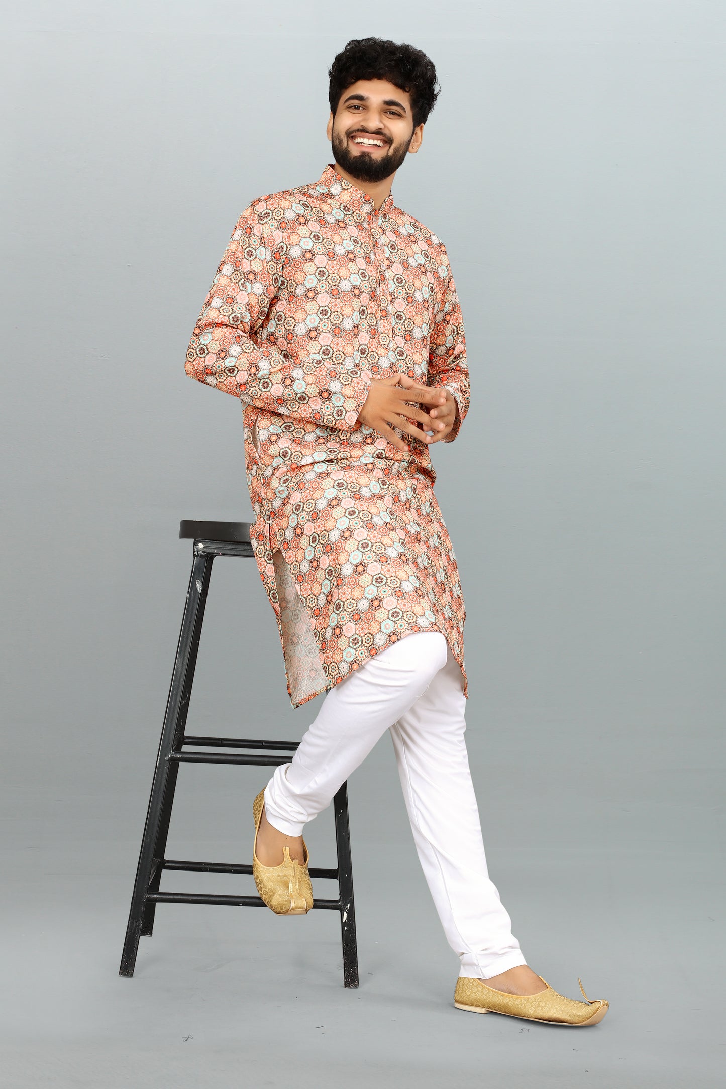 Men's Multicolor Printed And Cross Work Embroidered Kurta