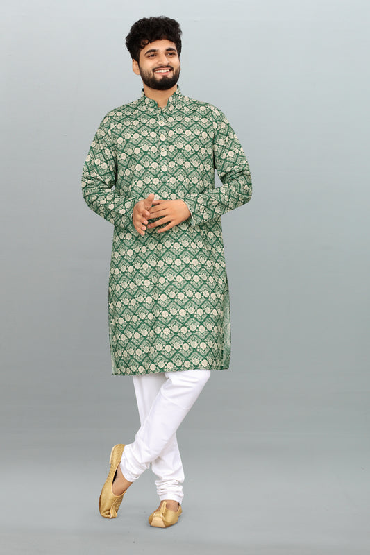 Men's Green Printed And Cross Work Embroidered Kurta