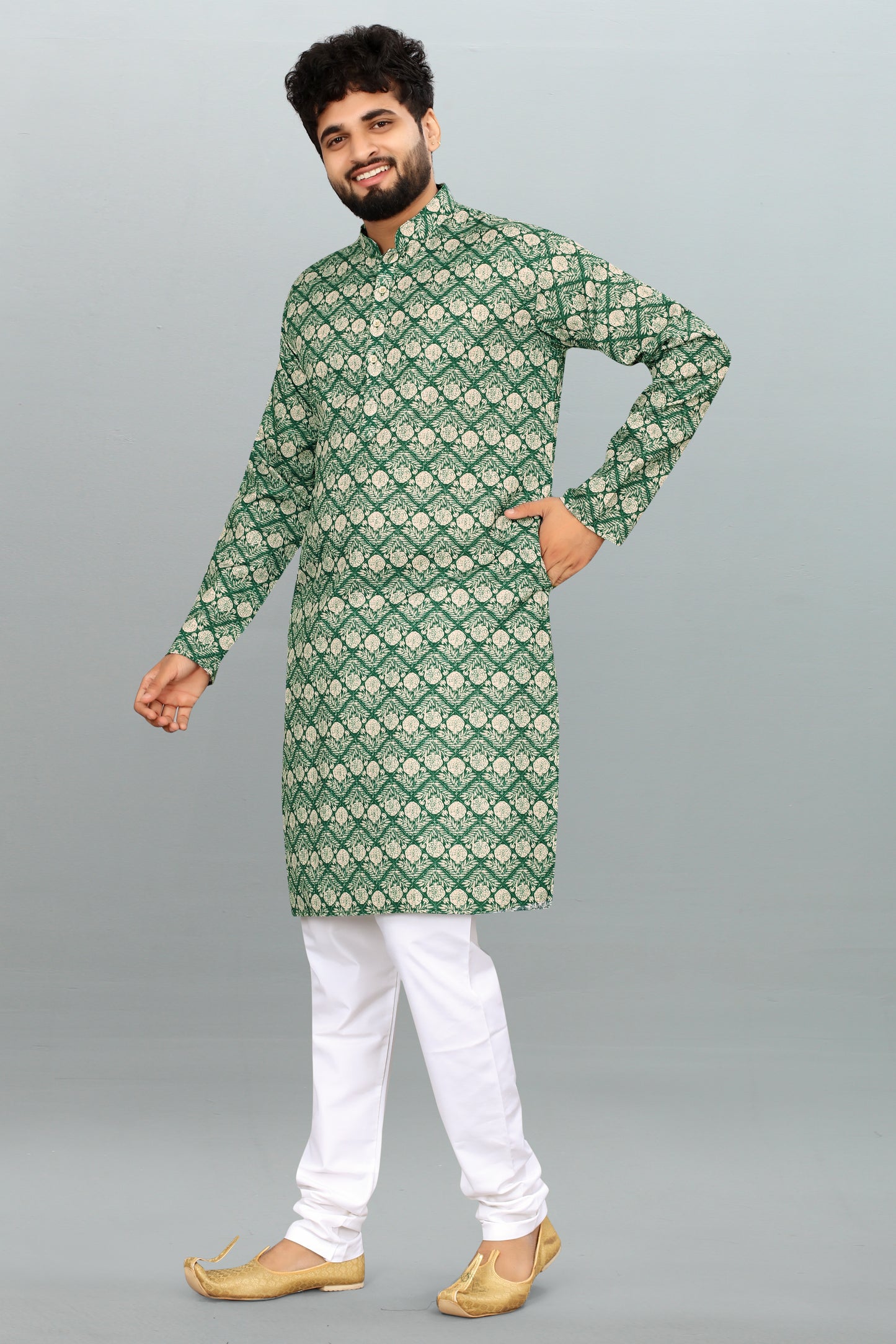 Men's Green Printed And Cross Work Embroidered Kurta