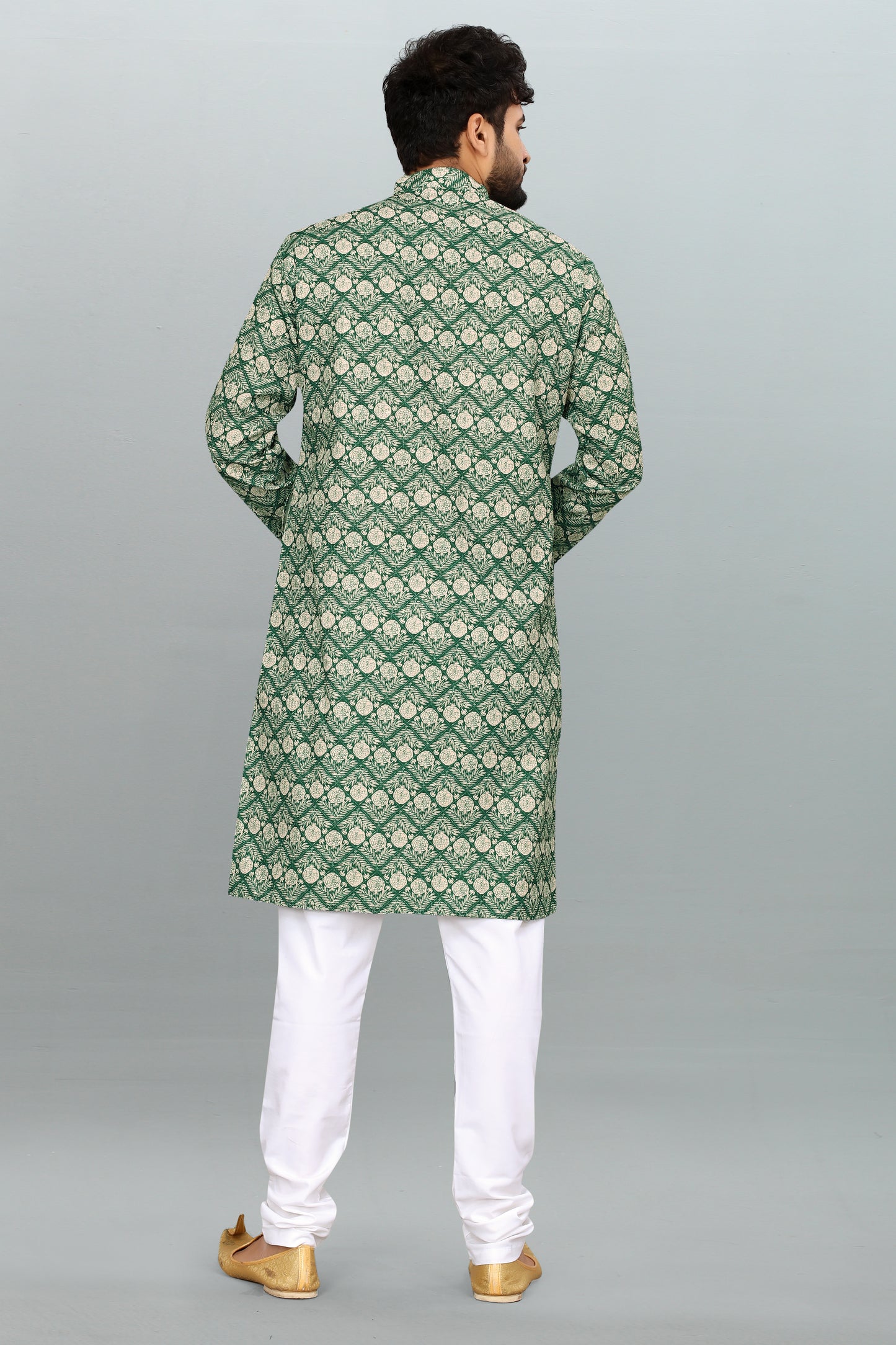 Men's Green Printed And Cross Work Embroidered Kurta