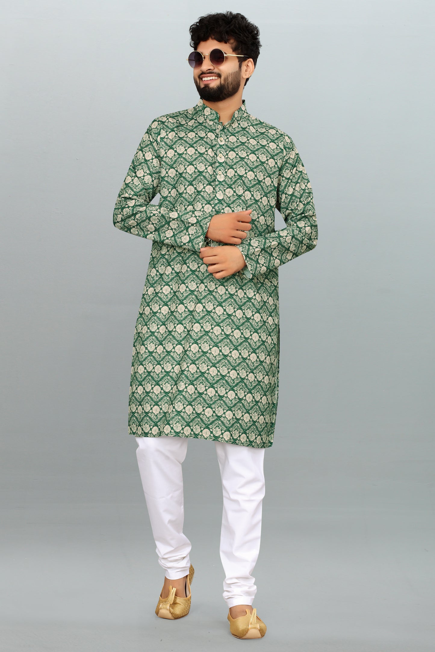 Men's Green Printed And Cross Work Embroidered Kurta