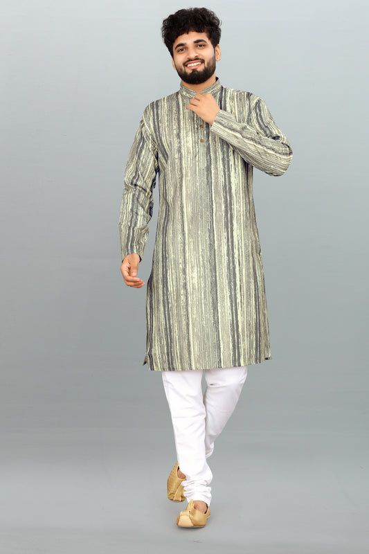 Men's Green & CreamPrinted And Cross Work Embroidered Kurta