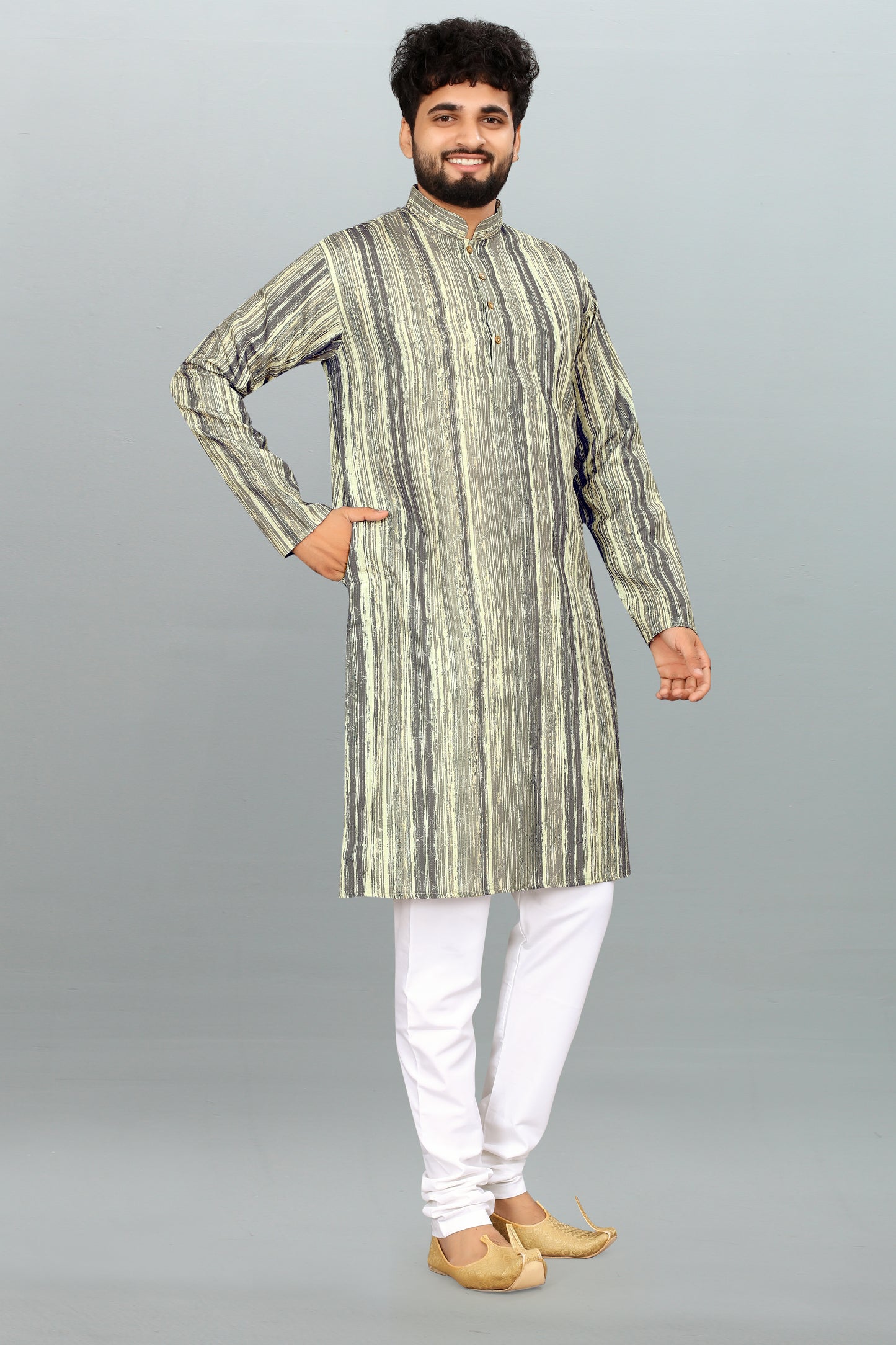 Men's Green & CreamPrinted And Cross Work Embroidered Kurta