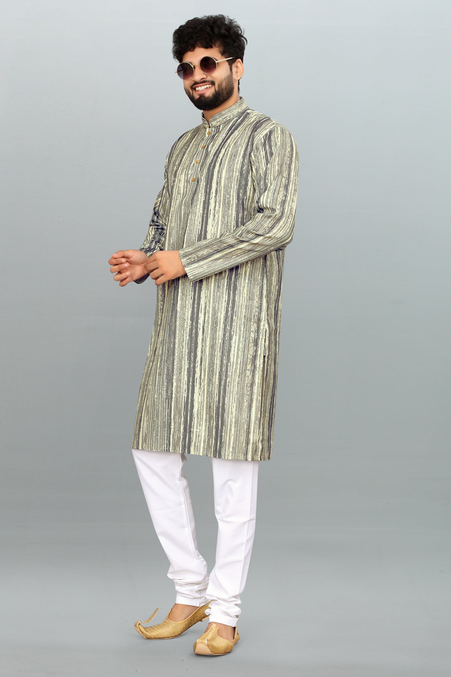 Men's Green & CreamPrinted And Cross Work Embroidered Kurta