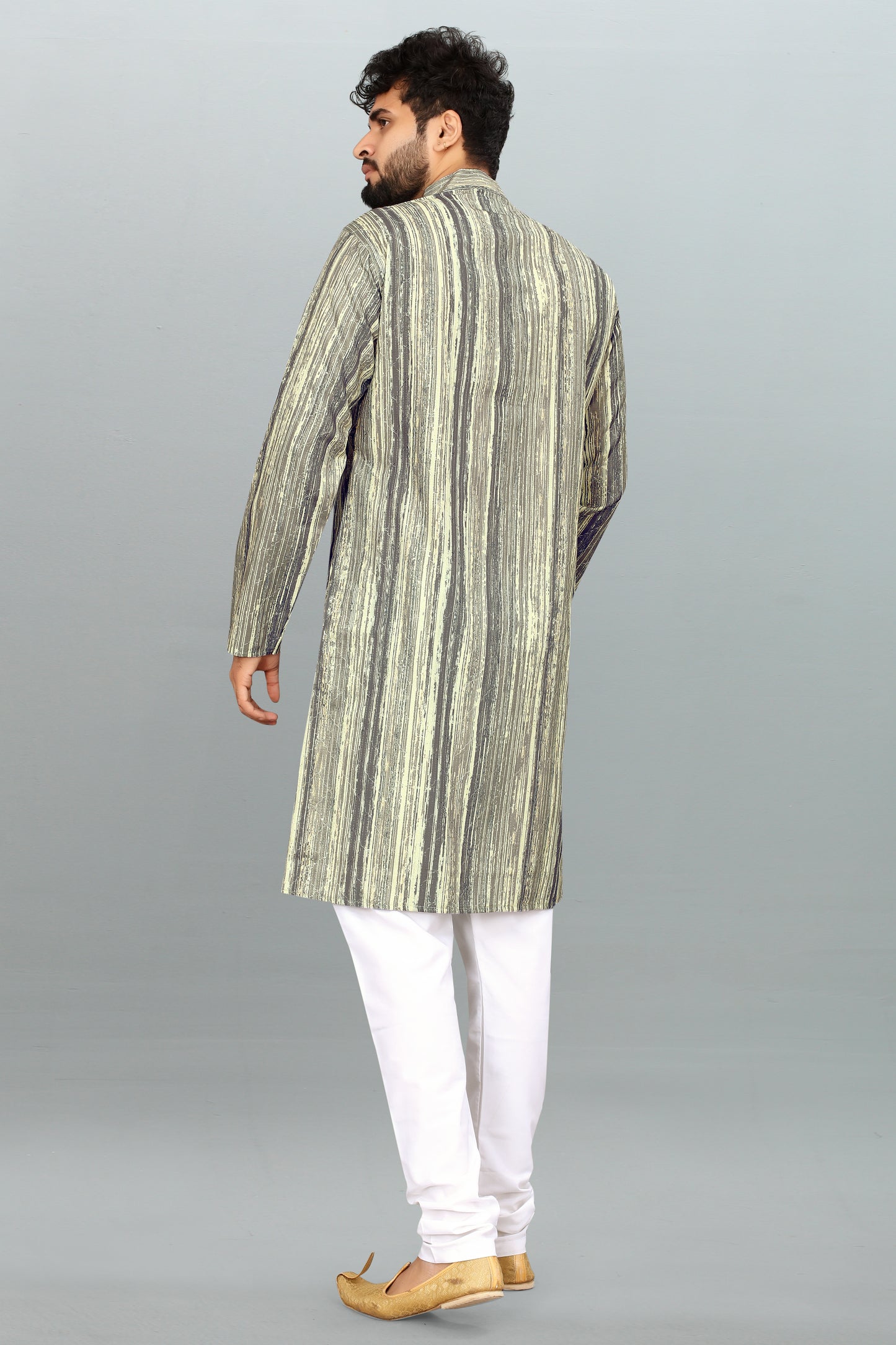 Men's Green & CreamPrinted And Cross Work Embroidered Kurta